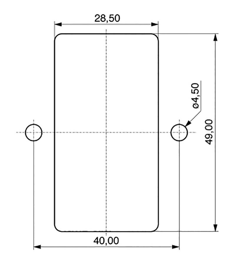 Obdĺžnikový technický výkres: Obdĺžnik s rozmermi 40,00 x 49,00 mm, dva vŕtané otvory (⌀ 4,50 mm) na stredovej línii, vzdialenosť 28,50 mm.