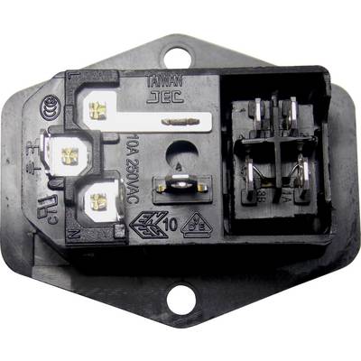 Obrázok elektrického konektora s poistkou. Nápis: '10A 250VAC', 'TAIWAN JEC'. Viditeľné tri svorky a držiak poistky.