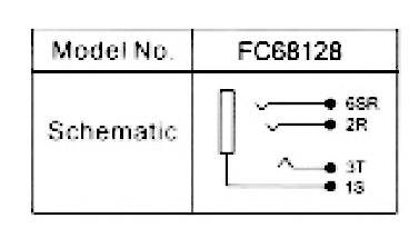 'Schéma zapojenia pre modelové číslo FC6B128.' Diagram zobrazuje symetrické zapojenia a označenie 6SR, 2R, 3T, 1S.