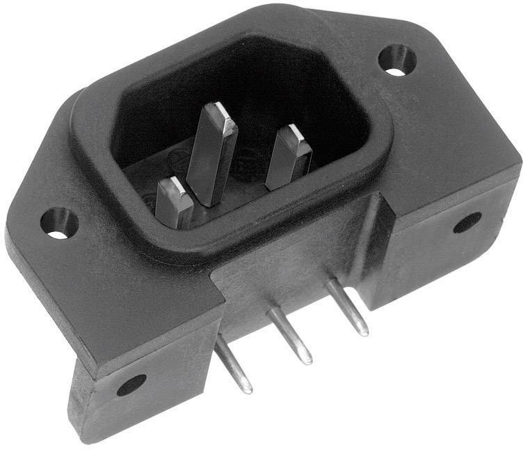 Čierny elektrický konektor s tromi kovovými kolíkmi, vhodný na inštaláciu do elektronických zariadení, obdĺžnikového tvaru.