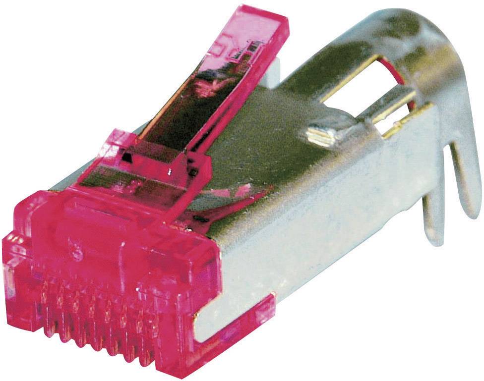 Červený kovový RJ45 konektor, často používaný pre sieťové pripojenia. Konektor má priehľadný plastový kryt.