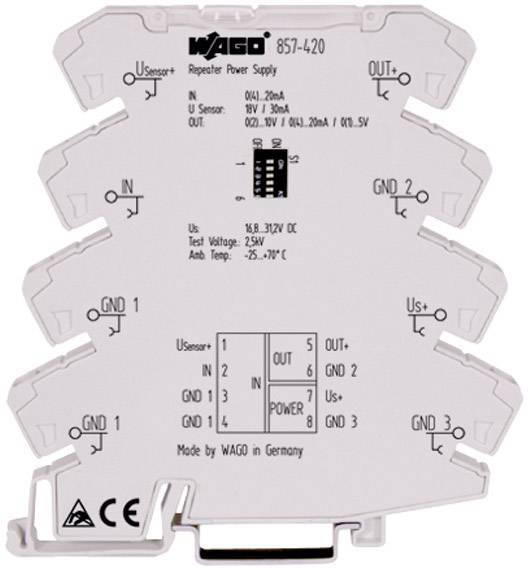 WAGO 857-420 opakovač napájania so svorkami a vytlačenými technickými špecifikáciami vrátane energie a signálových pripojení.