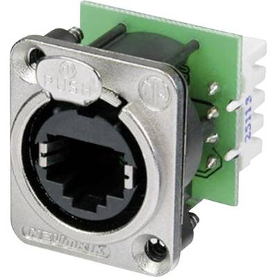 Neutrik RJ45 vstavaná zásuvka s kovovým krytom a zelenou doskou plošných spojov, používaná pre sieťové prepojenia v audiotechnike.