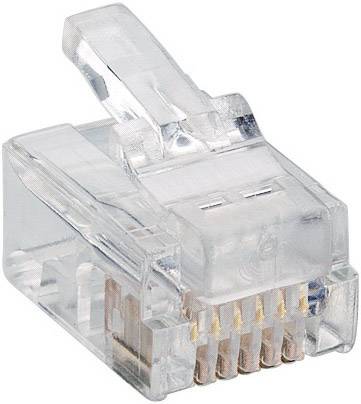 Priehľadný RJ45 konektor, často používaný v sieťových kábloch, s ôsmimi kovovými kontaktmi a plastovou poistkou.