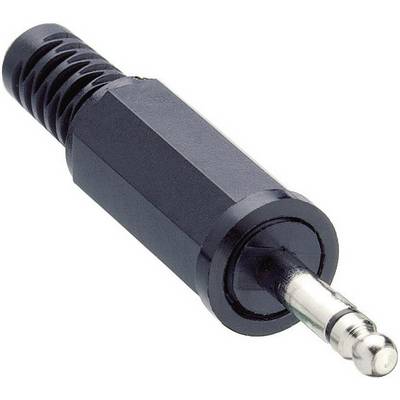 Detailný záber 3,5 mm jacku s čiernym plastovým obalom a kovovým hrotom, vhodný pre audio prepojenia káblov.