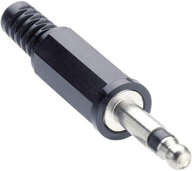 Čierny audio konektor s kovovým hrotom, typicky používaný pre slúchadlá alebo reproduktorové vstupy.