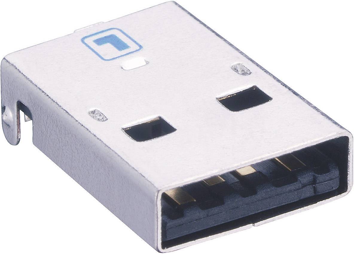 Detailný záber USB konektora, typ A, s typickým obdĺžnikovým kovovým krytom a viditelnými zlatými kontaktmi.