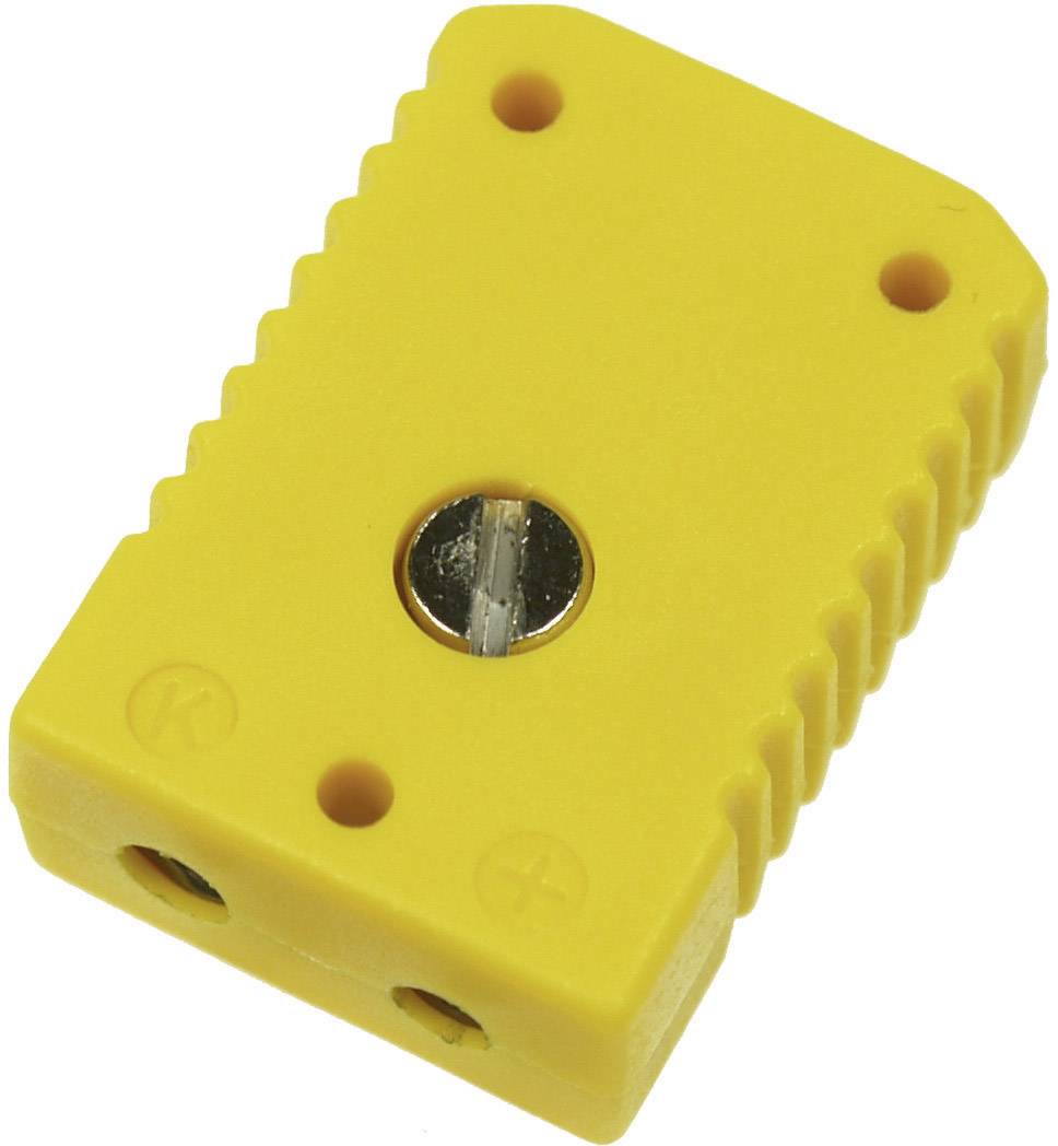 Žlté pripájacie vedenie so skrutkovým svorkovým spojom, vhodné pre termočlánky. Hore symbol '+' a '-' pre správnu polaritu.