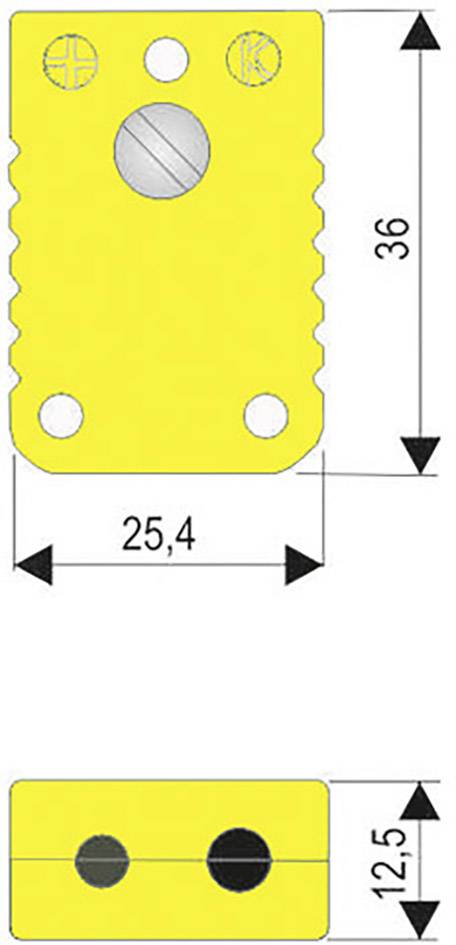 Žltý pravouhlý kovový prvok s viacerými otvormi; hlavný otvor obklopený dvomi menšími. Rozmery: 25,4 x 36 mm, hrúbka 12,5 mm.