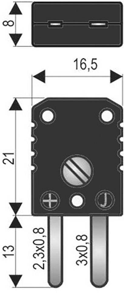 Obrázok elektrického spínača s podrobnými rozmermi: dĺžka 16,5 mm, šírka 8 mm a celková výška 21 mm.