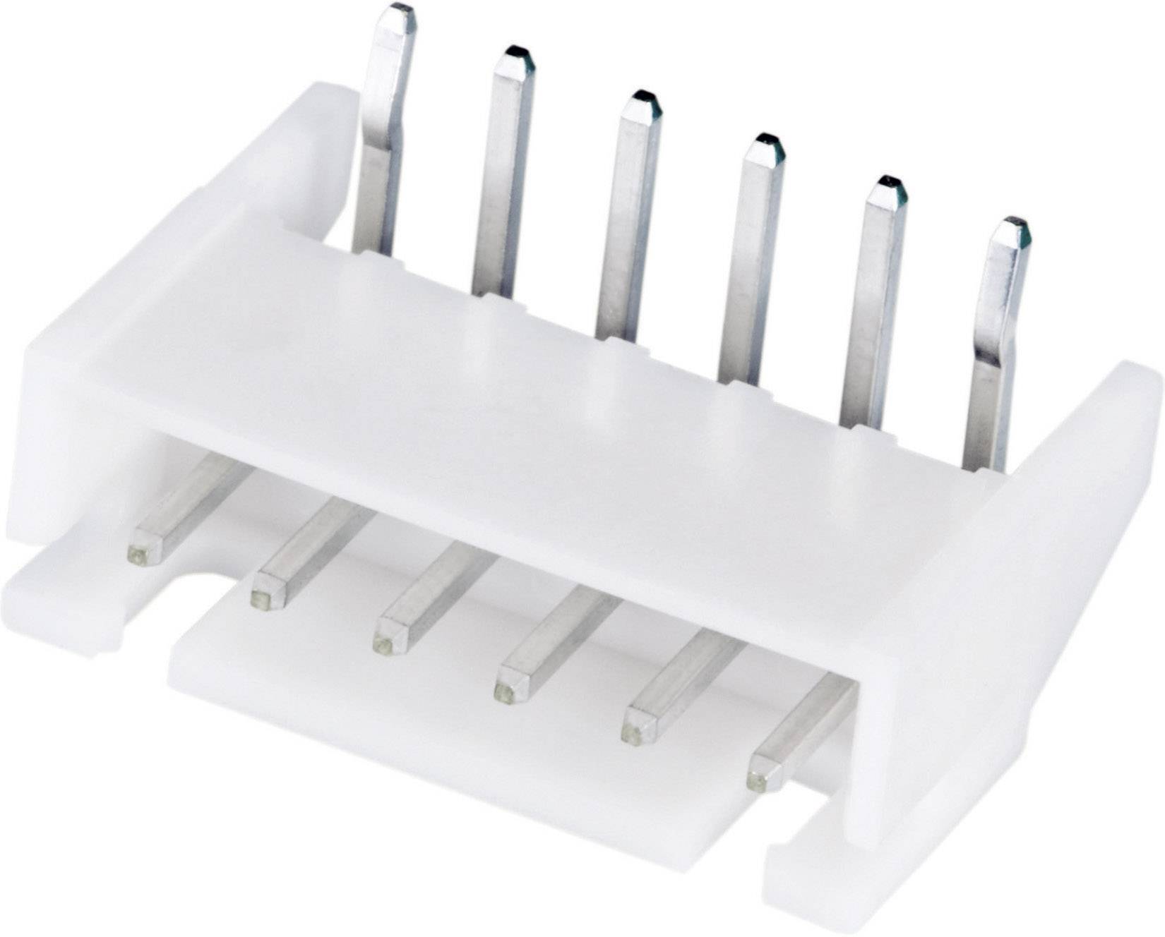 Biely, obdĺžnikový elektrický konektor so šiestimi striebornými kovovými kolíkmi.