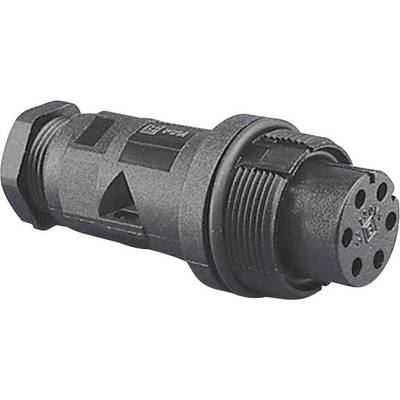 Čierny 7-pinový guľatý konektor; slúži na elektrické prepojenie v priemyselných aplikáciách.