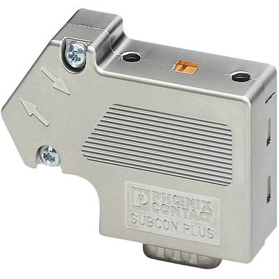 Kovový konektor SUBCON PLUS od Phoenix Contact so šípkami udávajúcimi smer prepojenia, určený pre priemyselné komunikačné systémy.