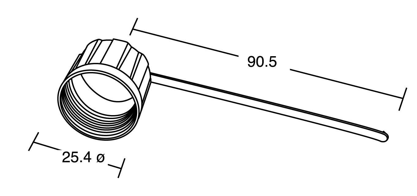 Technický výkres skrutkovacieho uzáveru s tyčou, rozmermi: 90,5 mm dĺžky a priemer 25,4 mm.
