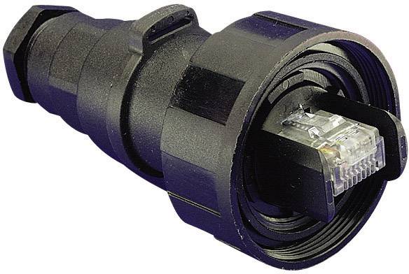 Čierny vodotesný ethernetový konektor s ochranným krytom, vhodný pre použitie v drsných podmienkach.