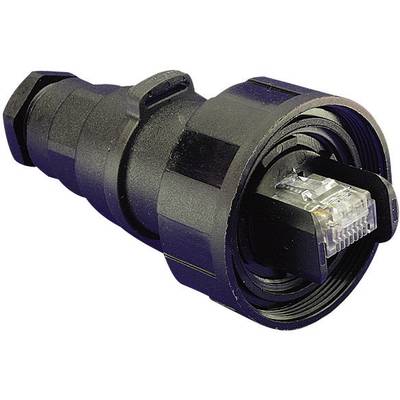 Čierny vodotesný ethernetový konektor s ochranným krytom, vhodný pre použitie v drsných podmienkach.