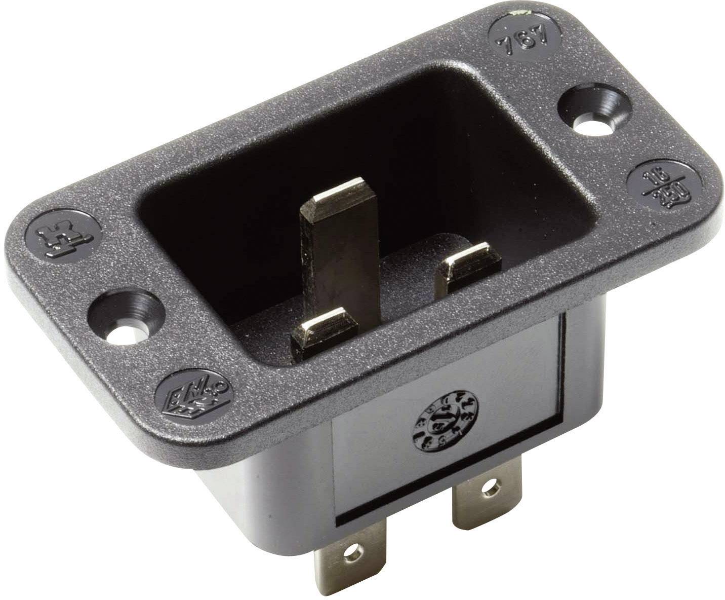 Obrázok trojpólového sieťového konektora pre chladič s obdĺžnikovým krytom a dvoma montážnymi otvormi.