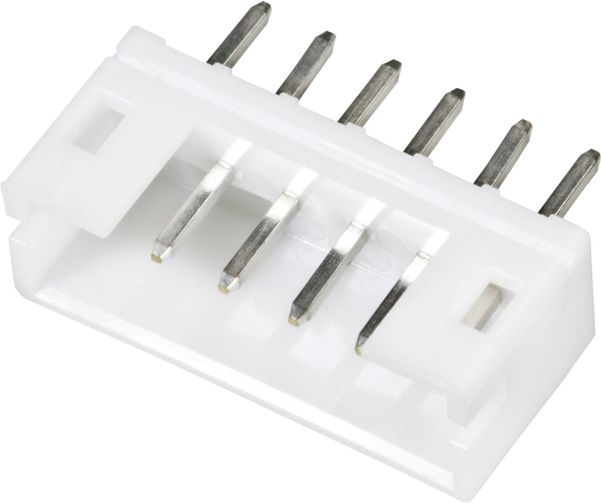 Biely elektrický konektor so šiestimi kovovými kolíkmi, používaný na prepojenie elektronických komponentov.