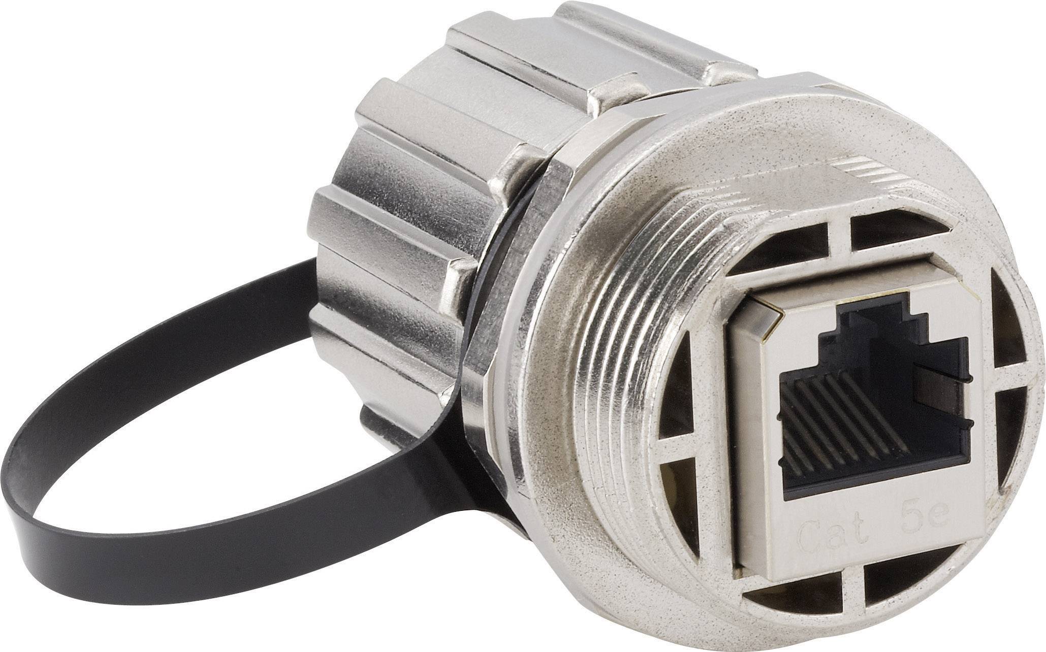 RJ45 zabudovaná zásuvka s krytom a prachovým krytom, vhodná pre sieťové káblové pripojenia v priemyselných aplikáciách.
