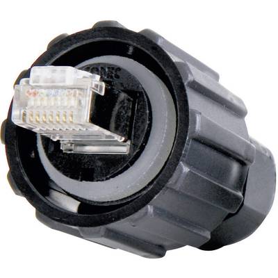 Čierny adaptér s RJ45 konektorom, vhodný pre priemyselné prostredia, poskytuje spoľahlivé ethernetové pripojenia v náročných podmienkach.
