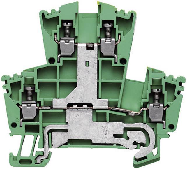 Zelený blok svoriek kábla v priečnom reze, zobrazujúci vnútorné kovové kontakty a upevňovacie mechanizmy.