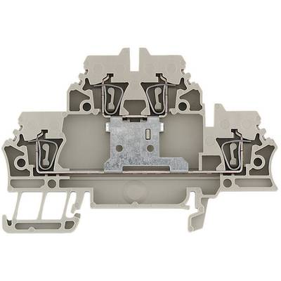 Priečny rez sivého radového svorkovnicového bloku s kovovými kontaktmi a skrutkovými spojmi, zobrazujúci detaily jeho vnútornej štruktúry.