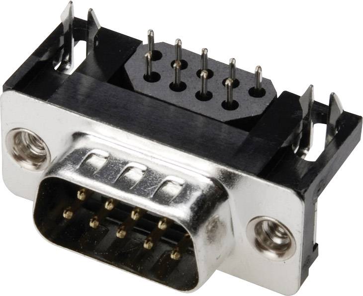 Čierny a strieborný elektronický konektor s deviatimi kovovými kolíkmi, typicky používaný pre sériové pripojenia.