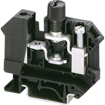 Čierny mechanický spínač so skrutkovými svorkami a otočným gombíkom, pravdepodobne pre elektrické aplikácie.