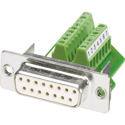 15-pinový D-Sub konektor so zelenou adaptérovou doskou a očíslovanými svorkami od 1 do 7, určený na elektrické zapojenie.