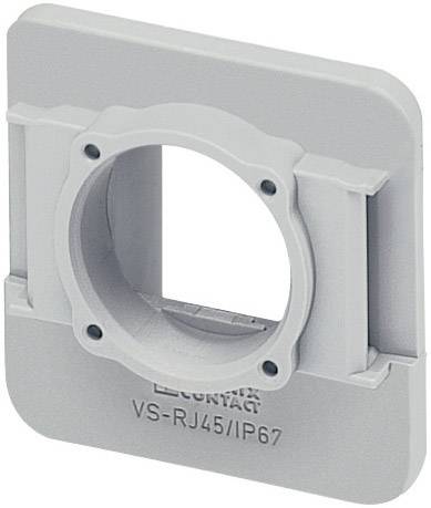 Sivý štvorcový adaptérový rámček s okrúhlym otvorom a nápisom 'VS-RJ45/IP67'.