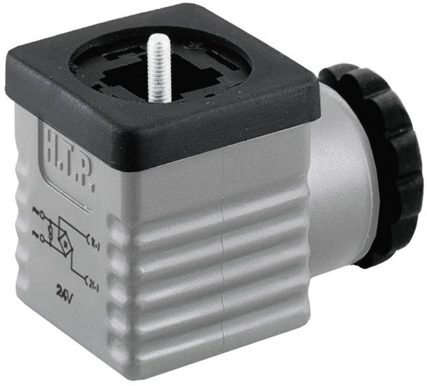 Strieborná valcovitá magnetická cievka s čiernym krytom, potlačená nápisom 'H.T.P.' a elektronickou schémou. Viditeľný 24V konektor.