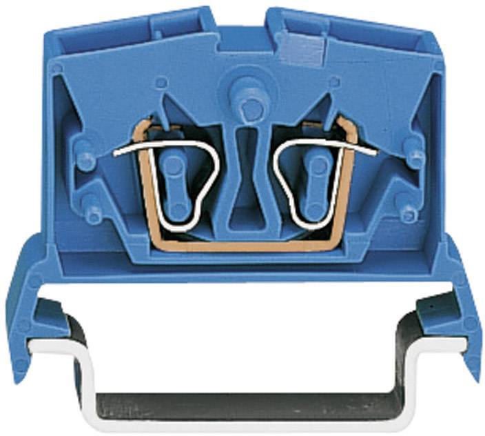 Elektrická svorková spojka v modrej farbe, ktorá zobrazuje prierez s kovovými kontaktmi a upevňovacími prvkami.