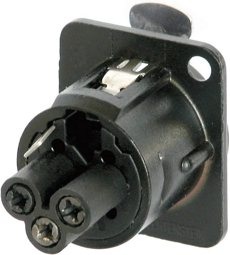 Čierny elektrický konektor s tromi kontaktmi a obdĺžnikovou základňou, ktorý sa používa na pripojenie zariadení.