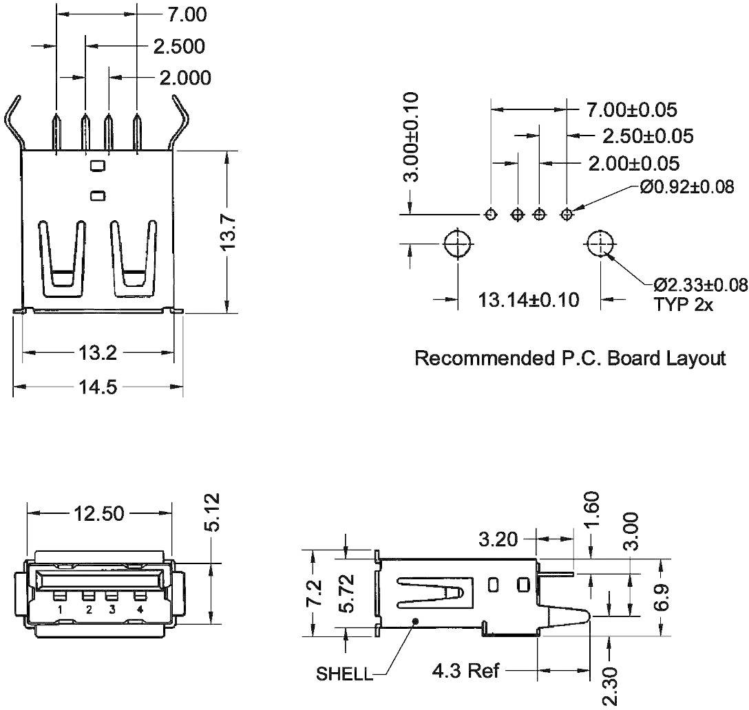 Technický výkres USB konektora s rozmermi v milimetroch. Hore pohľady spredu a zozadu; dole pohľad z boku.
