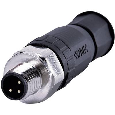 Konektor M12 so štyrmi pinmi, čiernym telom a kovovým závitovým mechanizmom, vhodný pre priemyselné aplikácie.