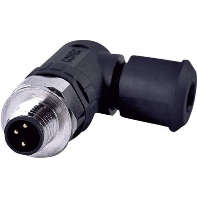 Zalomený čierny plastový a kovový konektor s tromi viditelnými pólmi, vhodný pre priemyselné pripojenia.