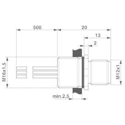 Technický výkres valcového konektora. Rozmery v milimetroch: celková dĺžka 500, závit M16x1,5 a M12x1.