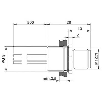 Technický výkres káblovej príchytky s rozmermi: dĺžka 500 mm, priemer M12x1, minimálna vzdialenosť 2,5 mm, závit PG 9.