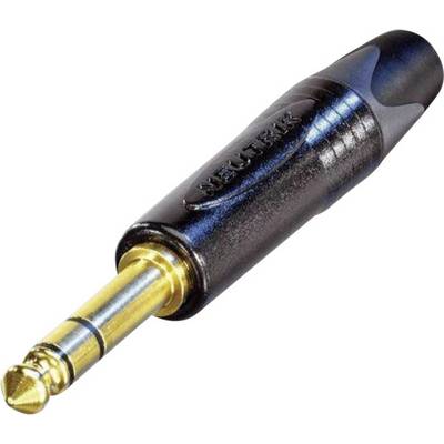 Čierny audio jack konektor so zlatým hrotom, vhodný na pripojenie audio zariadení.