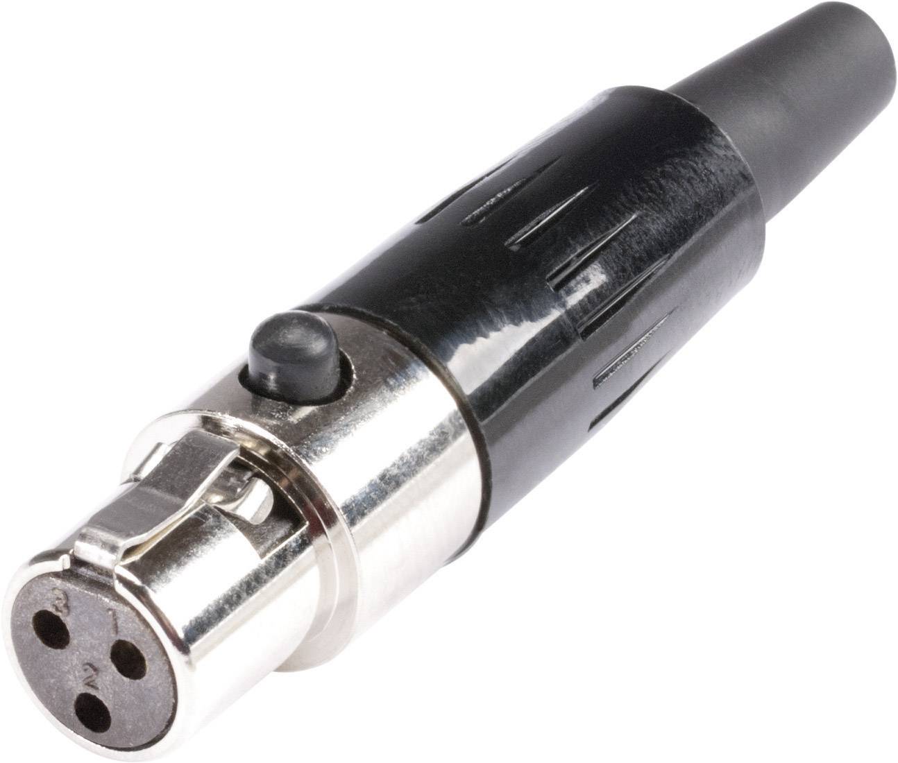 XLR konektor z blízka, bežne používaný pre audiovokáble; zobrazuje okrúhly kovový povrch s tromi kontaktnými kolíkmi.