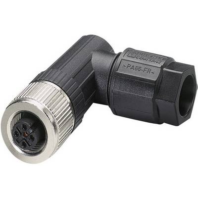 Pravouhlý M12 konektor s kovovým závitom a čiernym plastovým krytom, vhodný pre priemyselné aplikácie.