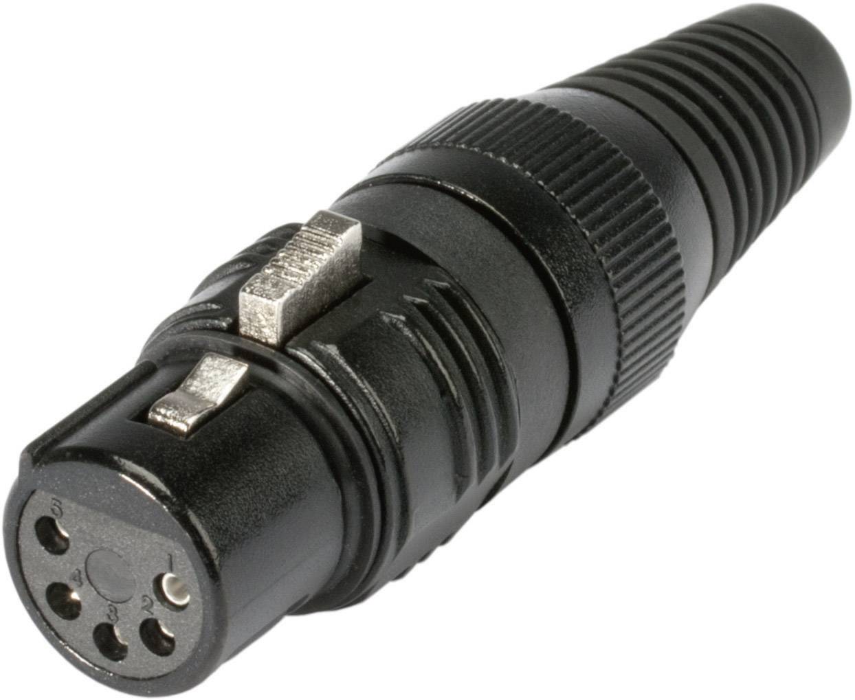 Čierny 4-pólový elektrický konektor s kovovým klipom a vrúbkovanou rukoväťou, určený pre profesionálnu audio alebo svetelnú techniku.