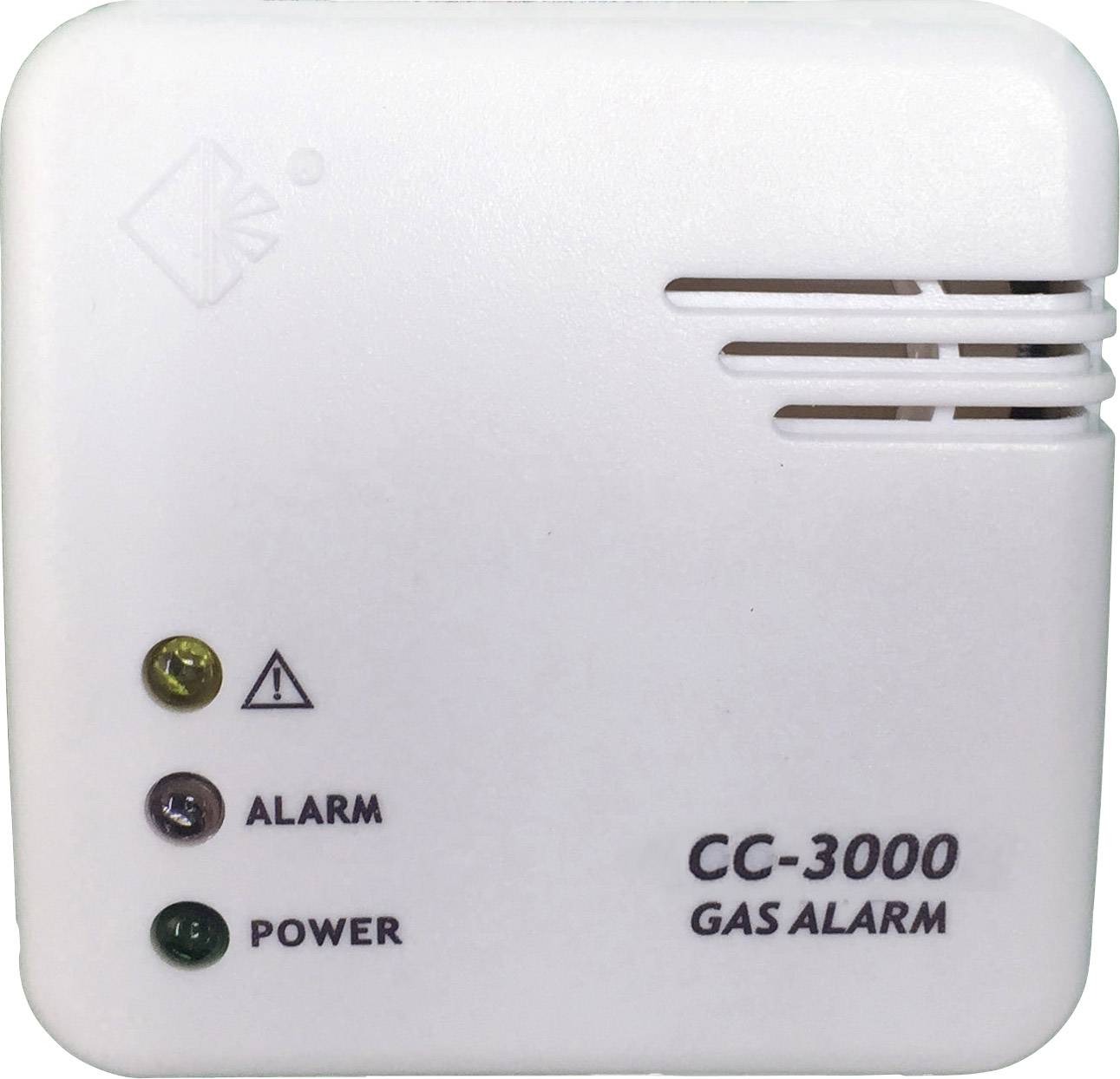 Biely detektor plynového alarmu s indikátormi alarmu a prevádzky. Nápis "CC-3000 PLYNOVÝ ALARM".