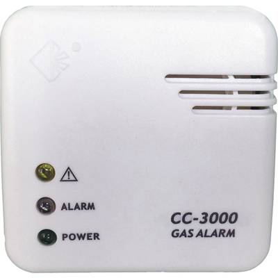 Biely detektor plynového alarmu s indikátormi alarmu a prevádzky. Nápis "CC-3000 PLYNOVÝ ALARM".