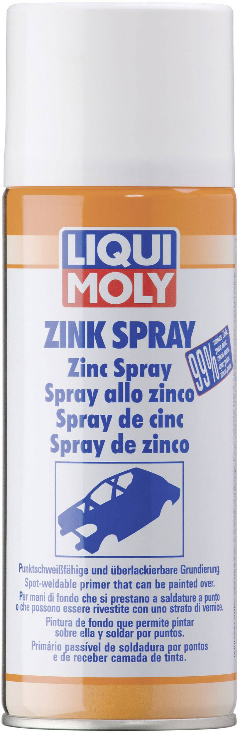 Zinková sprej od Liqui Moly s modrým a oranžovým označením obsahuje 99% zinku. Slúži na ochranu pred koróziou a ako základný náter vhodný na prelakovananie.