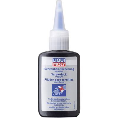 Čierno-šedá fľaša s modrým uzáverom. Etiketa 'LIQUI MOLY Zaistenie skrutiek stredne pevné', zabraňuje uvoľneniu skrutiek.