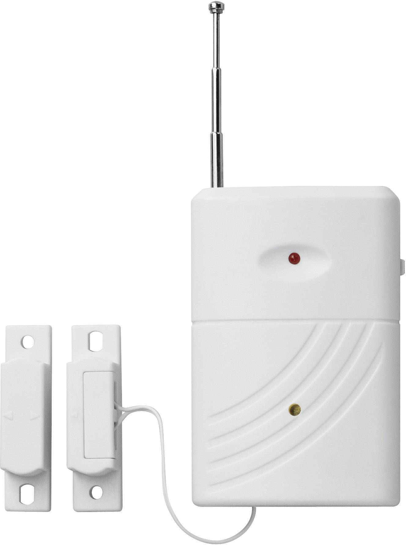 Bezdrôtový kontaktný senzor pre dvere alebo okná s anténou a LED indikátorom, pozostávajúci z hlavnej jednotky a magnetického senzora.