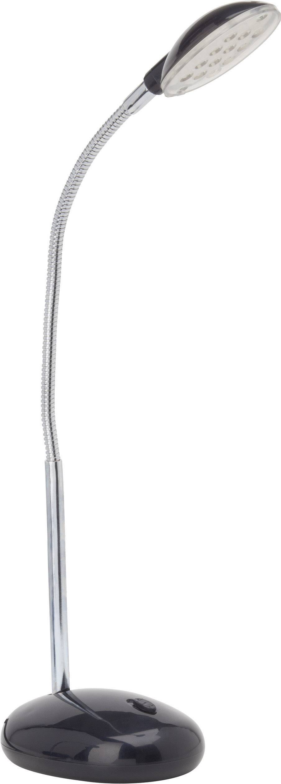 Flexibilná LED stolná lampa s čiernou základňou a strieborným ohybným krkom, ideálna na čítanie alebo prácu.