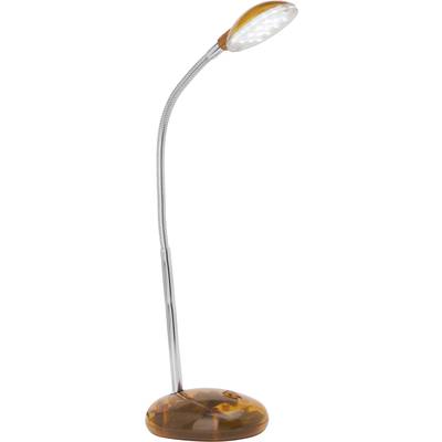 Kovová stolná lampa s flexibilným krkom a okrúhlymi LED svetlami, stojaca na hnedom podstavci.
