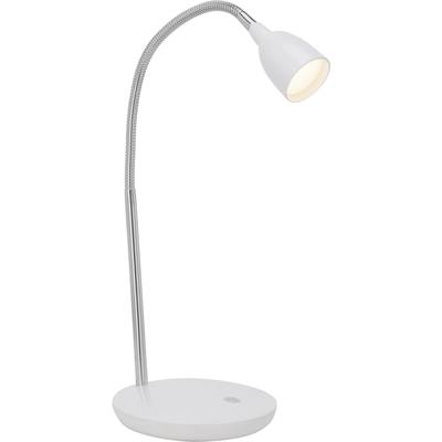 Biela, moderná stolná lampa s flexibilným krkom a okrúhlou základňou. Je štíhla a minimalisticky navrhnutá.